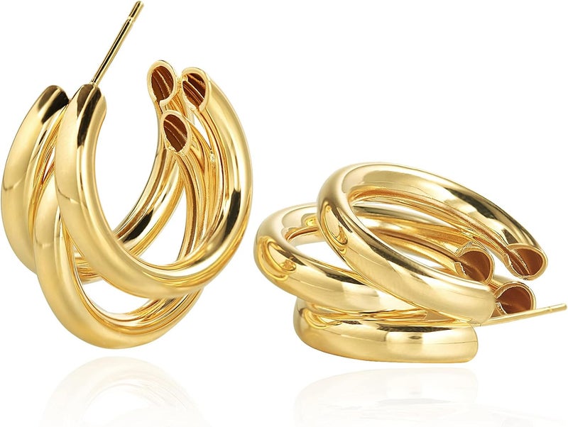 Tewiky Chunky Gold Hoop Earrings for Women, 14k Gold Plated Thick Triple Hoop Earrings Hypoallergenic Trendy Chunky Gold Hoops Earrings Dainty Jewelry Gifts for Women - Image 1